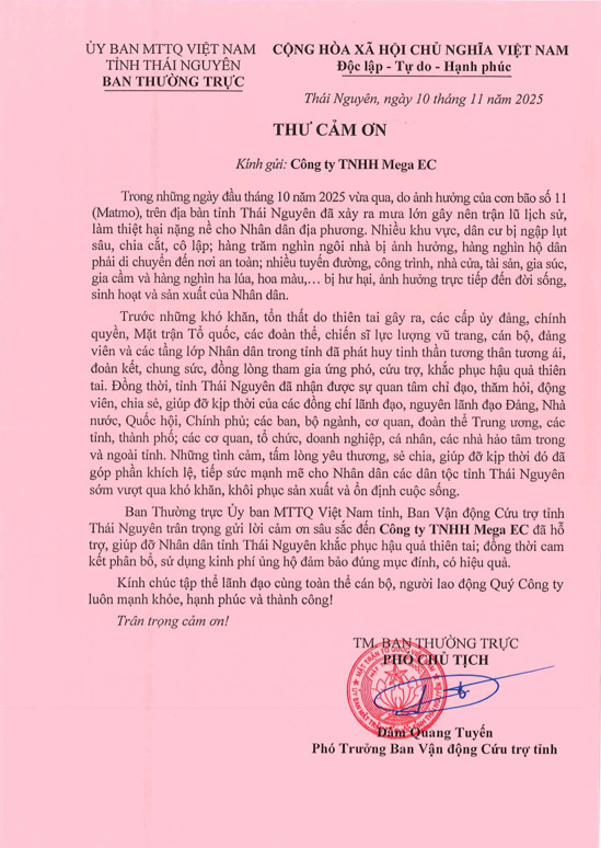 Thư cảm ơn ủng hộ lũ lụt Thái Nguyên